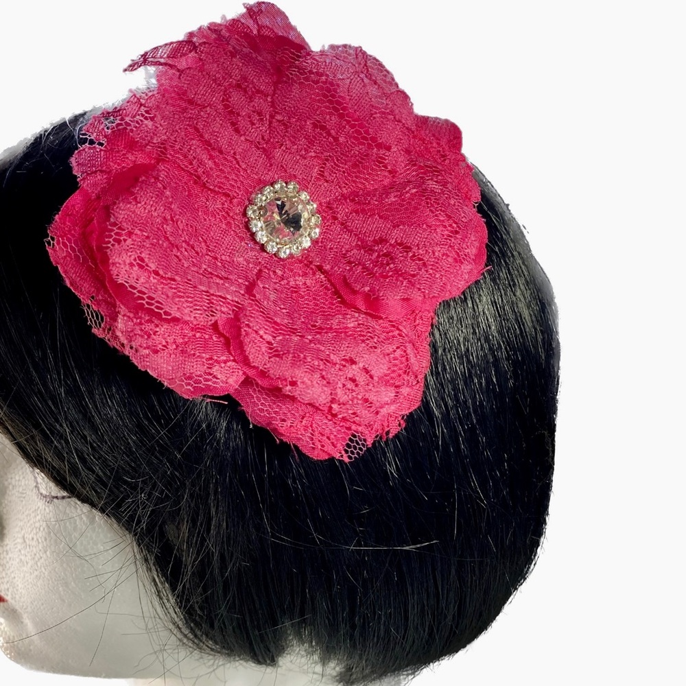 Hot Pink Flower Chiffon Lace Clip & Brooch with Rhinestone Headpiece Headband.